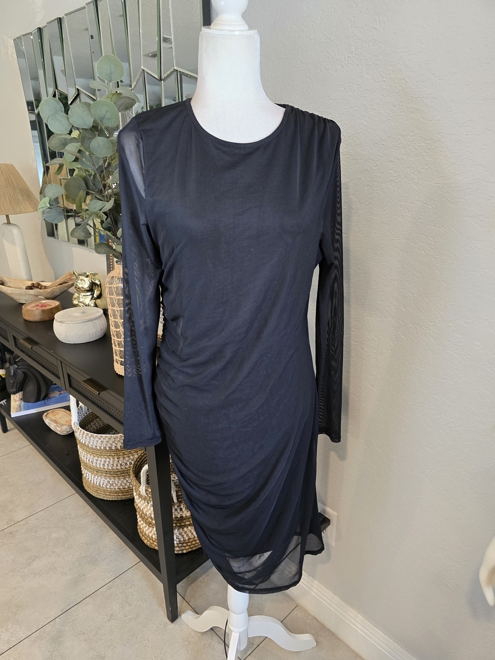 Rebecca Minkoff Black Long-Sleeve Ruched Sheer-Sleeve Dress